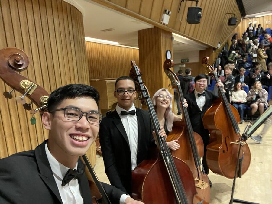 Selfie with the Imperial College Symphony Orchestra double bass section before a concert